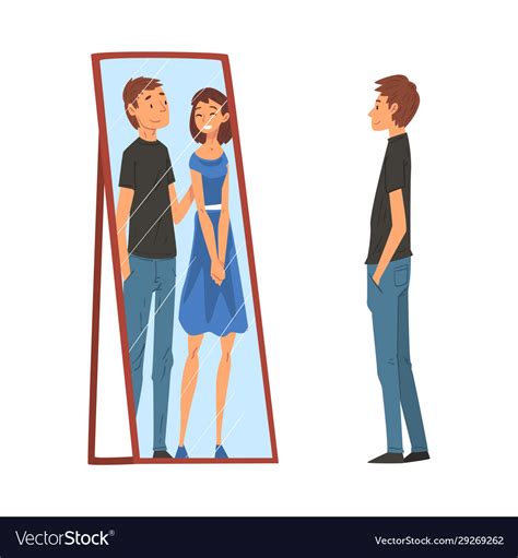 Lonely Guy Standing In Front Mirror Looking Vector Image