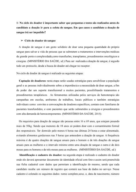 Resumo Ciclo Do Doador De Sangue E Ciclo Do Sangue 1 No Ciclo😈