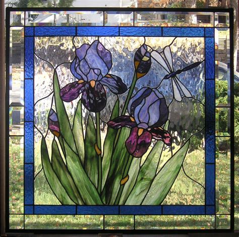 Stained Glass Window Panelpurple Iris With Dragonfly 28 5 8 X 28 5 8