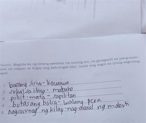 Panuto Magtala Ka Ng Limang Sawikain Na Narinig Mo Na Ginagamitaraw