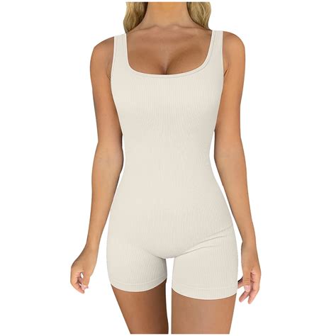 Quyuon Women Yoga Rompers Workout Ribbed Knit Square Neck Sleeveless