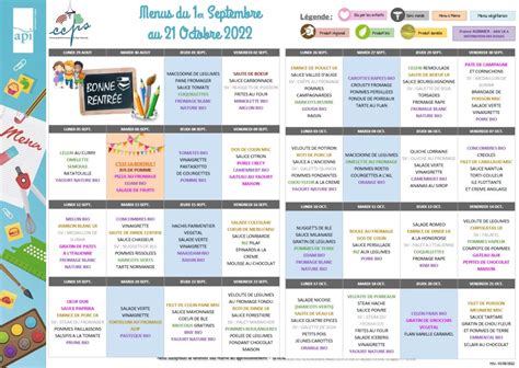 Menu de la cantine de lécole du 1er septembre au 21 octobre 2022 Le