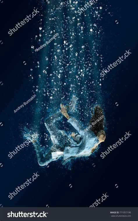 Woman Drowning Under Water Horrible Dream Foto Stock 771057190