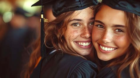 Premium Photo Two Graduate Girls Wearing Black Gowns And Caps Hug One