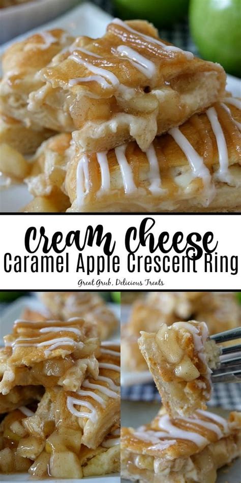 Two Pictures Of Cream Cheese Caramel Apple Crescent Rings On A Plate With A Fork