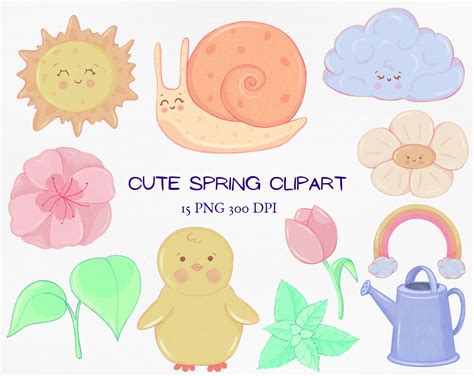 Hello Spring PNG, Garden Clipart, Cute Kawaii Characters, Sun, Rainbow, Umbrella, Snail, Flowers ...