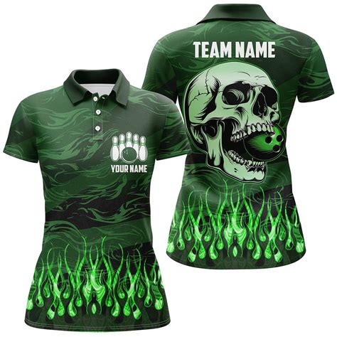 Women Bowling Polo Shirts Custom Green Camo Flame Skull Bowling Team Jerseys T For Bowlers