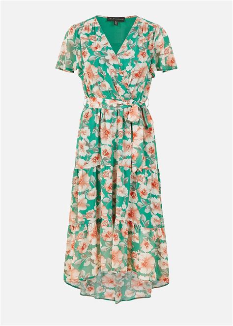 Mela Green Floral Wrap Dress With Tiered Dipped Hem Matalan