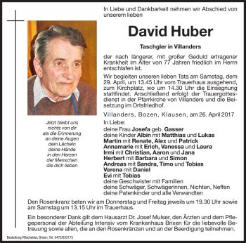 Traueranzeigen Von David Huber Trauer Bz