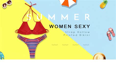 Women Sexy Strap Hollow Printed Bikini Red Size S