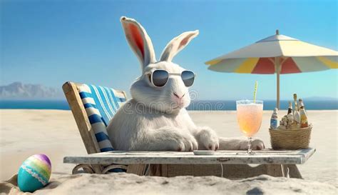 Easter Bunny In Sunglasses With Easter Eggs And Drinking A Cocktail On