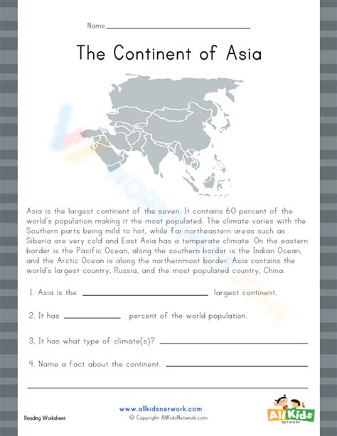 The Continent Of Asia Worksheet