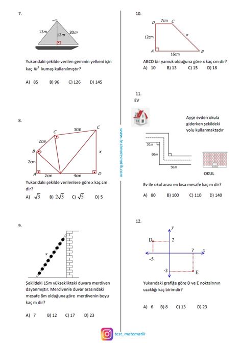 PİSAGOR BAĞINTISI KAZANIM TESTİ Test Matematik