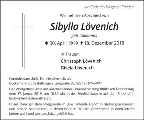 Traueranzeigen Von Sibylla L Venich Aachen Gedenkt