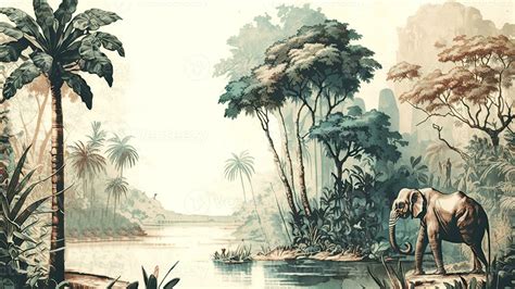 Watercolor Style Wallpaper Landscape on an African Tropical Jungle with Trees Next to a River ...