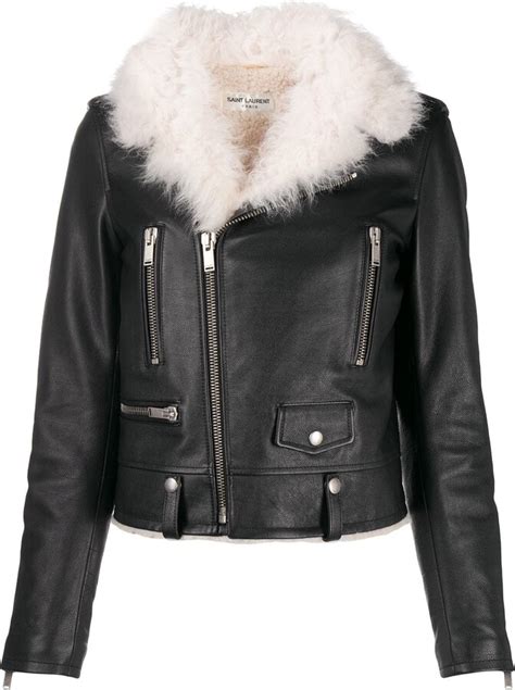 Saint Laurent Shearling Collar Biker Jacket Shopstyle Fur Coats