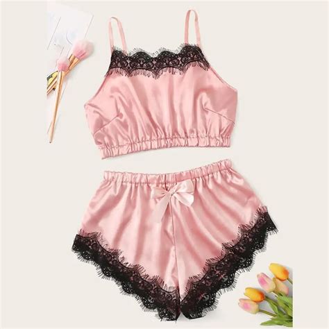 Lace Womens Pajama Set New Sexy Sleepwear Set Two Piece Solid Cute