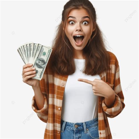 A Surprised Excited Young Girl And Holding Money Make Winner Gesture