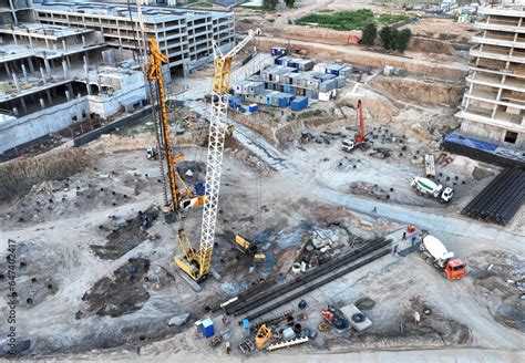 Deep Foundation Machine Drilling Rig And Pile Driver At Construction