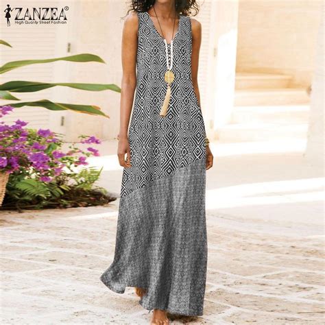 Buy Zanzea Women Summer Casual V Neck Sleeveless Geometry Print Long