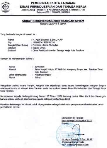 Contoh Surat Rekomendasi Atau Keterangan Umkm ⋆