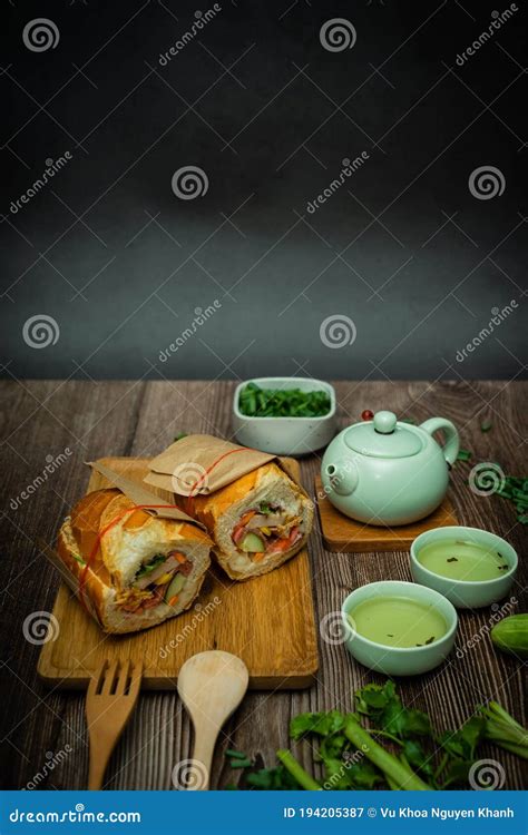 Famous Vietnamese Food Is Banh Mi Thit And Hot Tea Popular Street Food From Bread Stuffed With