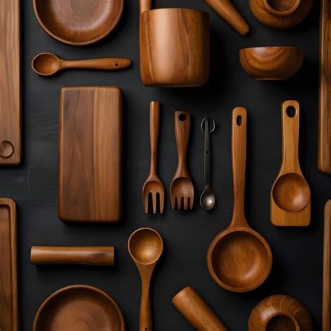 Premium Photo Elegant Wooden Kitchenware Collection On Dark Table