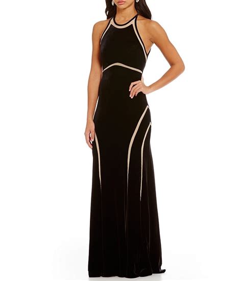 Xscape Illusion Velvet Halter Sleeveless Gown Dillards