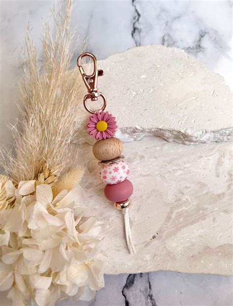 Floral Rose Daisy Keychain Keys Accessories Silicone Beaded Keychain