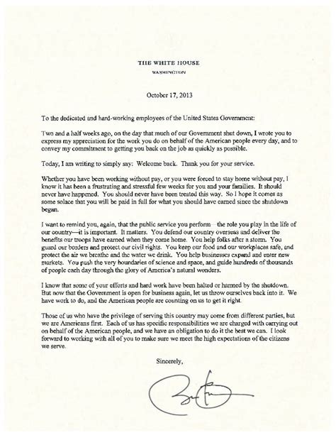 Letter From President Obama To Federal Employees On The Government Sh