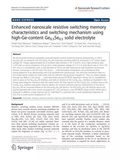 Enhanced Nanoscale Resistive Switching Memory Characteristics And