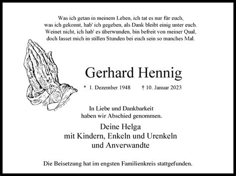 Traueranzeigen Von Gerhard Hennig Sich Erinnern De