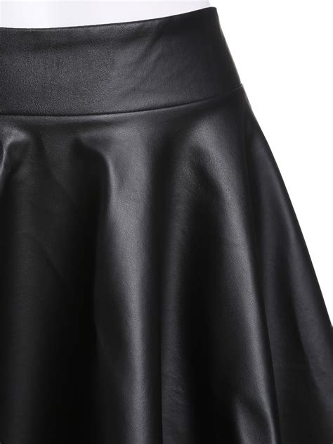 Black Faux Leather Elastic Waist Flare Skirtfor Women Romwe