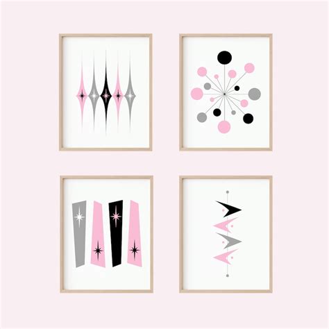 Pink Mid Century Modern Wall Art Set Of 4 Prints Nursery Digital