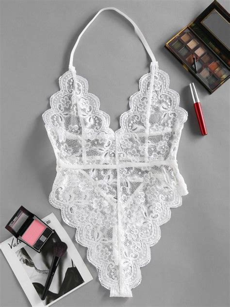 Off Zaful Scalloped Flower Lace High Leg Lingerie Teddy In