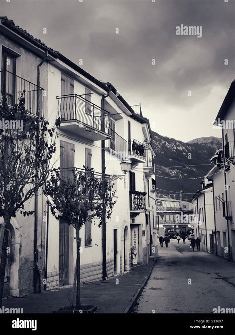 Black And White Photo Of Street In Campo Di Giove Abruzzo Italy Stock