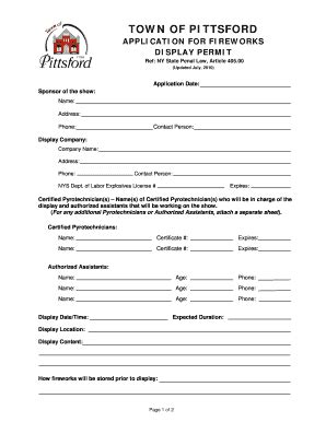 Fillable Online Townofpittsford Fireworks Application For Fireworks