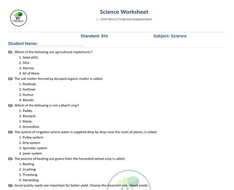 Crop Production And Management Class 8 Worksheets With Answers