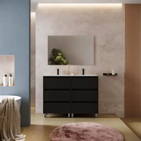 Mobile Bagno A Terra 120 Cm Nero Satinato Con Lavabo Doppio E Specchio