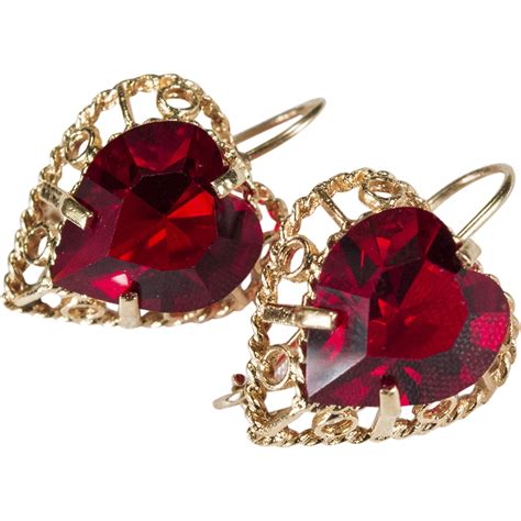 Stunning Ruby Red Stone Heart Earrings 14k Gold Pierced Sold On Ruby Lane