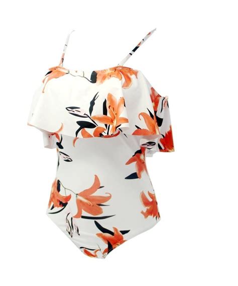 Women One Piece Bikini Lily Printed Flounce Swimsuit Off Shoulder Monokini Bathing Suits Lily