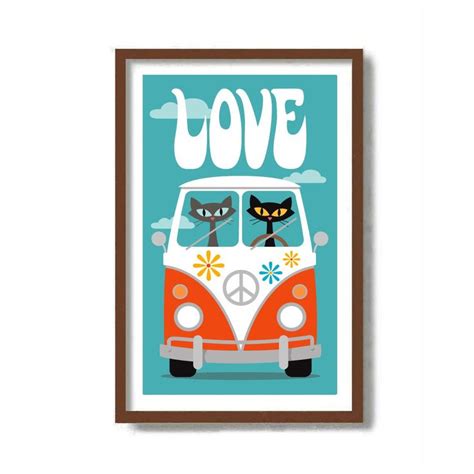 Mid Century Modern Cat Art Print Hippie Van Rv Camper Bus Trailer