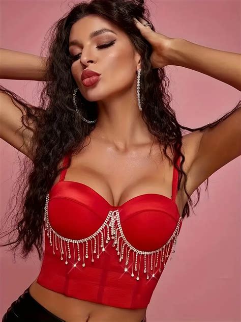 Rhinestone Bustier Strap Crop Top Sexy Sweetheart Neck Temu