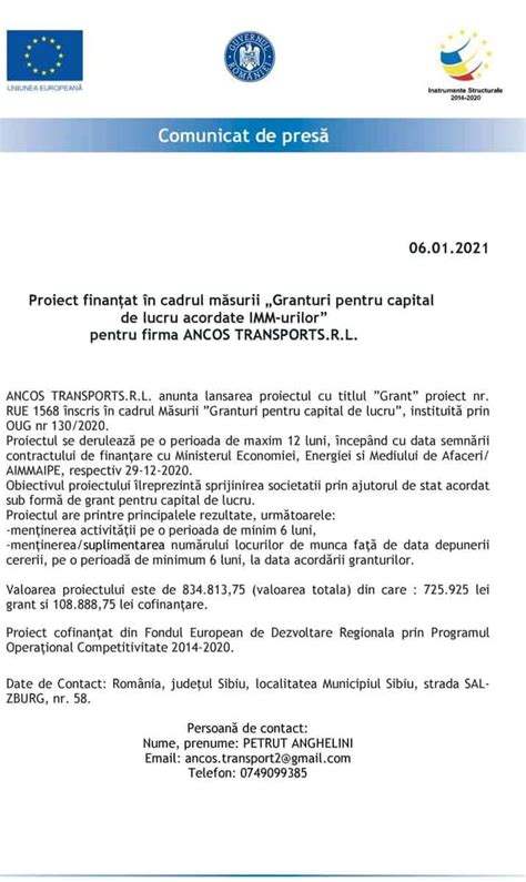 COMUNICAT DE PRESĂ Proiect finanțat în cadrul măsurii Granturi