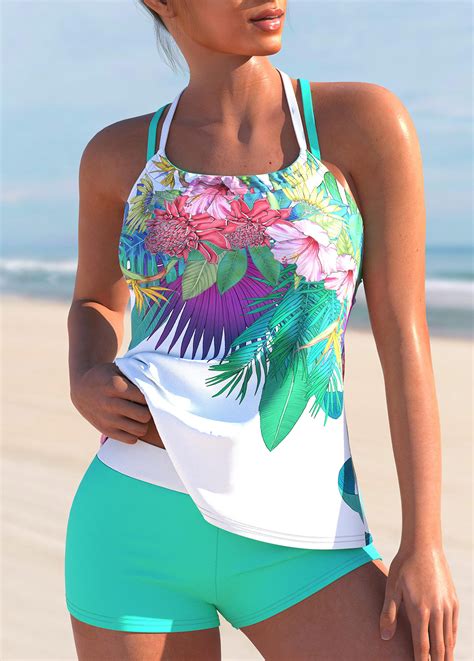 Fake 2in1 Floral Print Cyan Tankini Set Usd 36 98