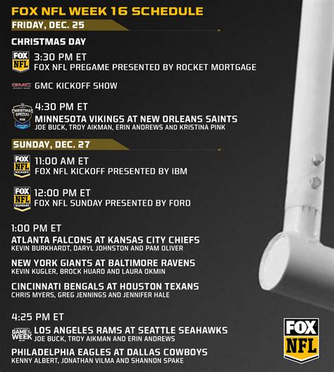 FOX NFL Week 16 Schedule and Regionalization - Fox Sports Press Pass