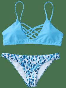 Strappy Lattice Padded Bralette Bikini Set BLUE Bikinis S ZAFUL