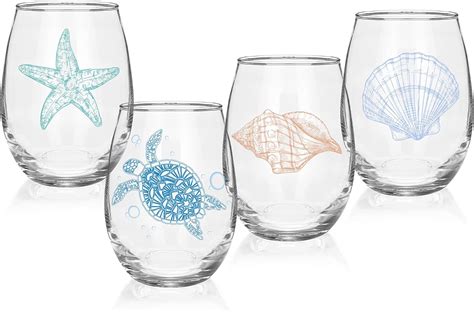 Ocean Themed Stemless Wine Glasses Set Of 4 Seashore