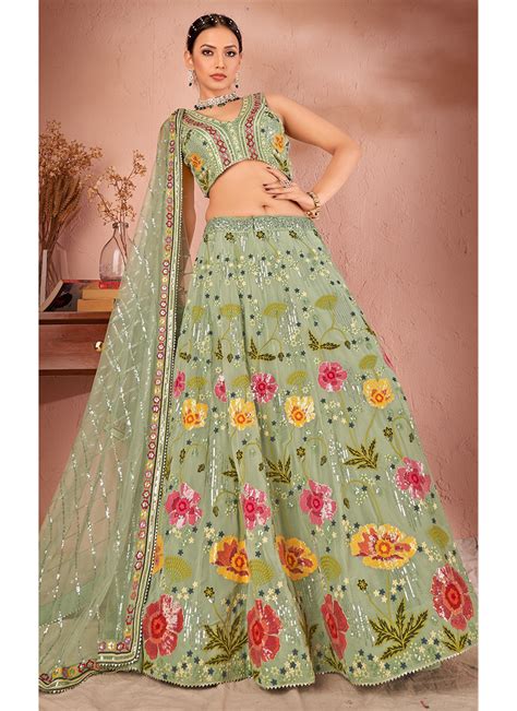 Buy Pista Green Georgette Wedding Wear Thread Work Lehenga Choli Online