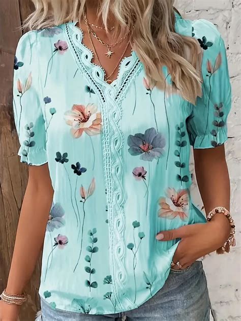 Floral Print V Neck Lace Trim Blouse Boho Puff Sleeve Blouse Temu